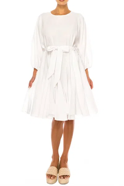 Vivid Long Sleeve Belted Godet Skirt Flared Dress In White