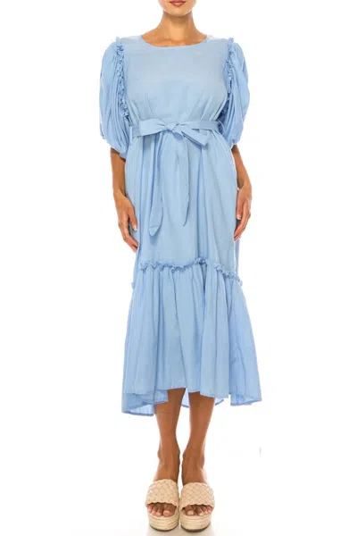 Vivid Short Puff Sleeve Belted Tiered Skirt Dress In Blue In Multi