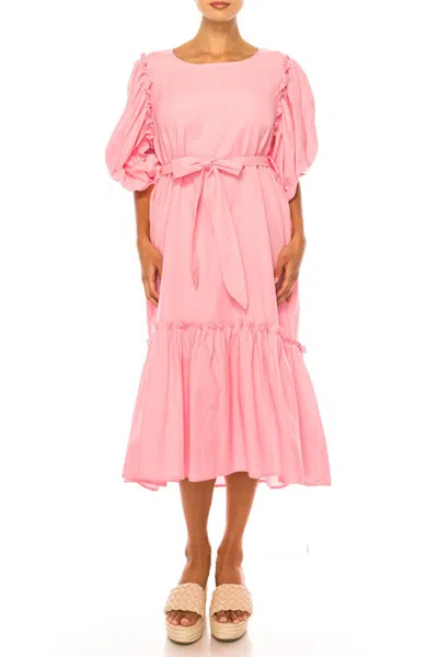 Vivid Short Puff Sleeve Belted Tiered Skirt Dress In Pink