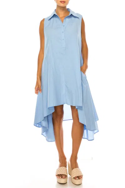 Vivid Sleeveless Split-neck Uneven Hem Shirt Dress In Blue