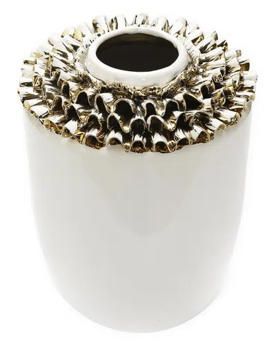 Vivience 10in White Ceramic Vase Gold Design