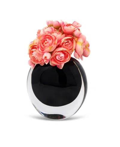 Vivience Black Glass Vase With Black Inlay And Pink Flowers In Black,pink