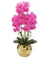 Vivience Pink Orchid Plant In Flat Round Gold Hammered Pot In Gold-tone