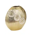 Vivience Round Matte Gold Vase With Textured Flower Design - Tall