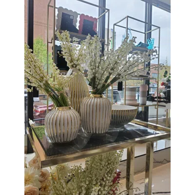Vivience White And Gold Striped Vase In Neutral