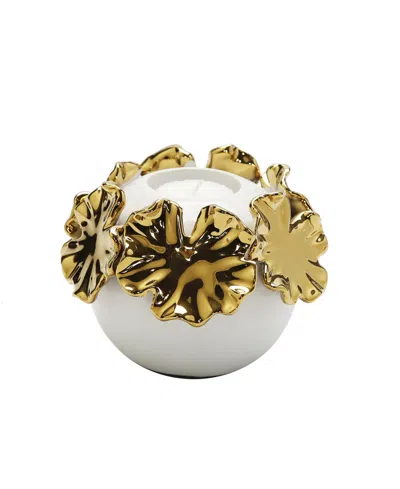 Vivience White Ceramic Candle Holder Gold-tone Flower Design In Multi