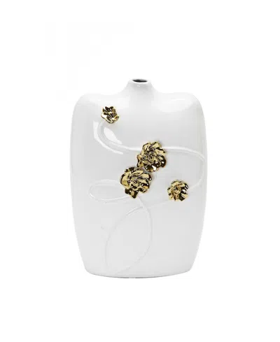 Vivience White Ceramic Vase Gold-tone Flower Design In Multi