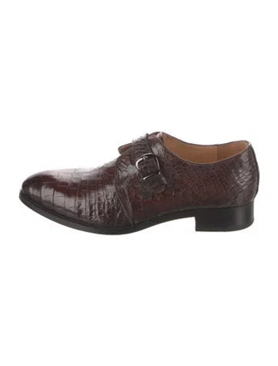 Pre-owned Vivienne Hu Embossed Leather Animal Print Monk Straps In Brown