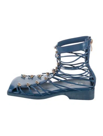 Pre-owned Vivienne Hu Leather Studded Accents Rain Boots In Blue