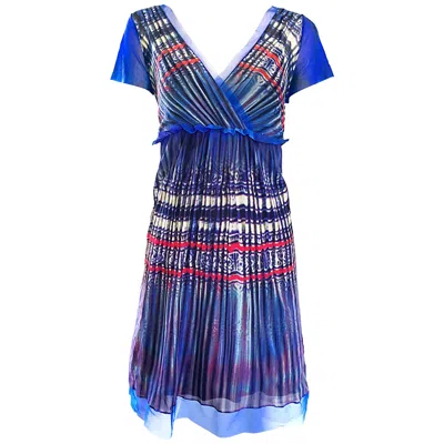 Pre-owned Vivienne Tam 1990s Vintage Blue Multi Colored Semi Sheer Watercolor Print Dress