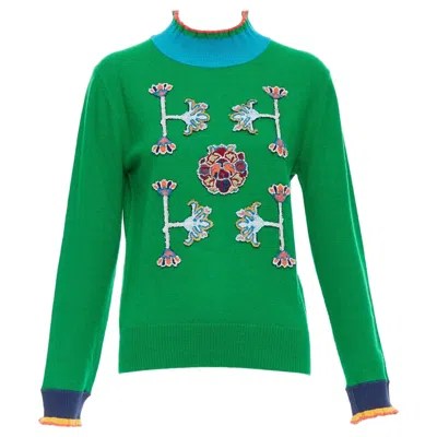 Pre-owned Vivienne Tam Green Merino Wool Cashmere Oriental Patch Sweater M