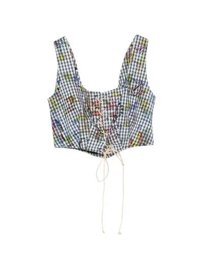Pre-owned Vivienne Westwood 2016s Gingham Lace-up Top In 蓝色