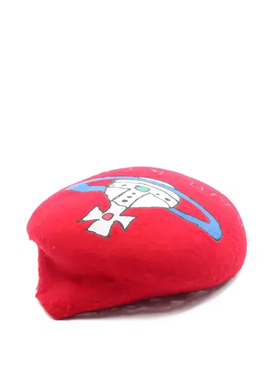 Pre-owned Vivienne Westwood 2020s Anti Waste Orb-print Beret In Red