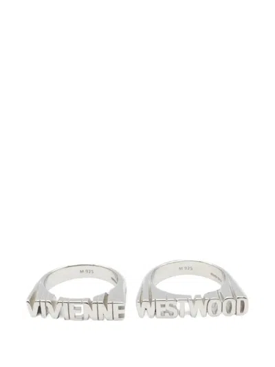 Pre-owned Vivienne Westwood 2020s Essex Logo Ring Set (set Of Two) In Silver