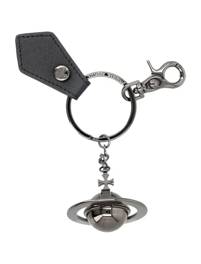 Vivienne Westwood 3d Orb Gunmetal Keyring In Black Saffiano Plain