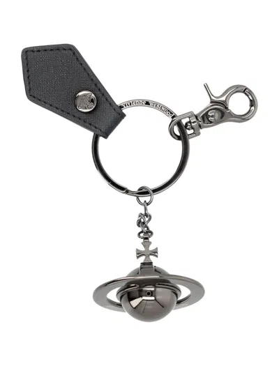 Vivienne Westwood 3d Orb Gunmetal Keyring In Black Saffiano Plain