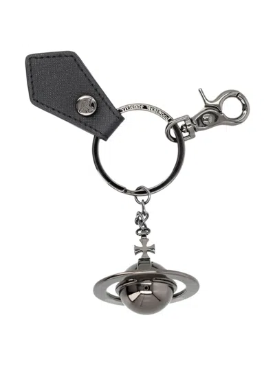 Vivienne Westwood 3d Orb Gunmetal Keyring In Black Saffiano Plain
