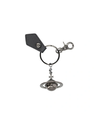 Vivienne Westwood 3d Orb Gunmetal Keyring In Black Saffiano Plain
