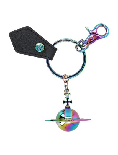 Vivienne Westwood 3d Orb Iridescent Keyring In Black Saffiano Plain