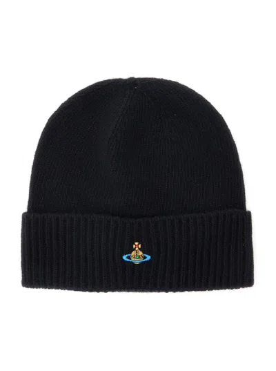 Vivienne Westwood 8102001c Cashmere Orb-embroidered Beanie In Black