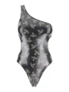 Vivienne Westwood Black One-shoulder Swimsuit With All-over Orb Print And Cut-out Detail In Tech Fabric Stretch Woman In Black