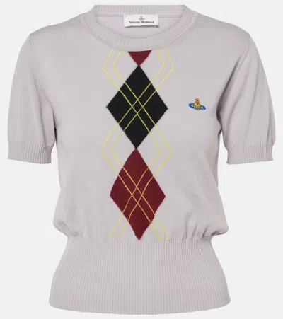 Vivienne Westwood Mens Argyle-pattern Orb-embroidery Cotton-blend Knitted Top Pigeon Grey