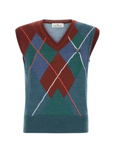 Vivienne Westwood Mens Argyle Logo-embroidered Wool-blend Vest Multi Xl