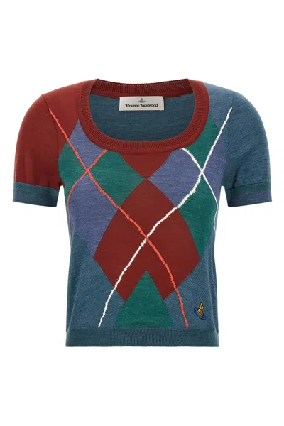 Vivienne Westwood Argyle Fine-knit Short-sleeve Wool-cotton Sweater In Multi