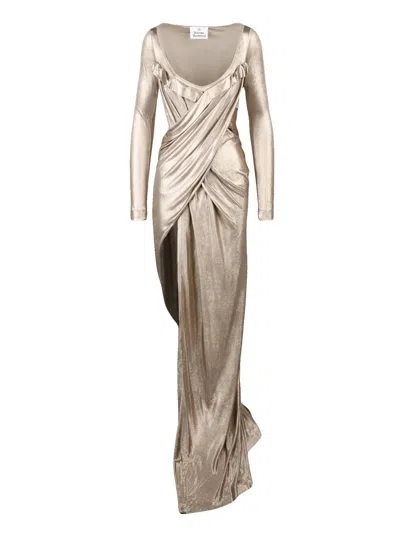 Vivienne Westwood Asymmetric Draped Long Lycra Lamé Dress In Metallic