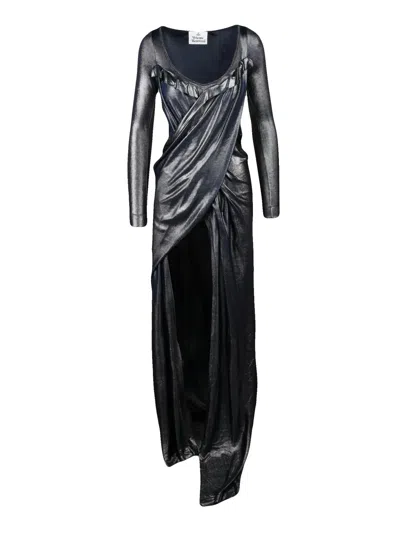 Vivienne Westwood Asymmetric Long Dress With Integrated Bodysuit In Silver Lamé In Black