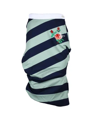 Vivienne Westwood Asymmetric Striped Midi Skirt With Embroidered Floral Motif In Green