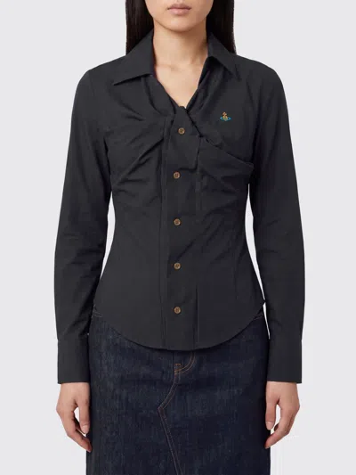 Vivienne Westwood Asymmetrical Cotton Poplin Shirt With Orb Logo In Black