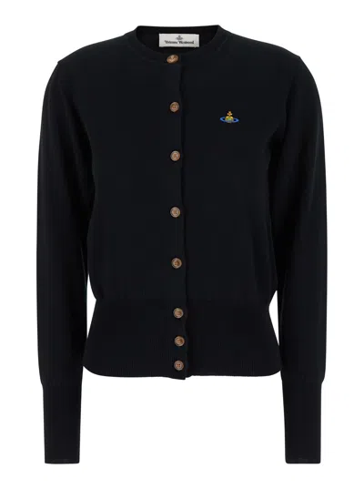 Vivienne Westwood Bea Black Cardigan With Orb Embroidery And Branded Button In Cotton And Cashmere Woman
