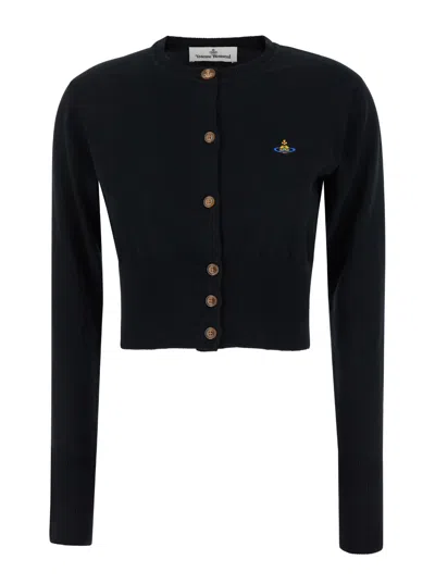 Vivienne Westwood Bea Black Cropped Cardigan With Orb Embroidery In Cotton And Cashmere Woman