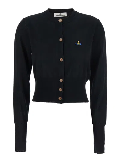 Vivienne Westwood Bea Black Cropped Cardigan With Round Neck And Front Orb Embroidery In Cotton Woman
