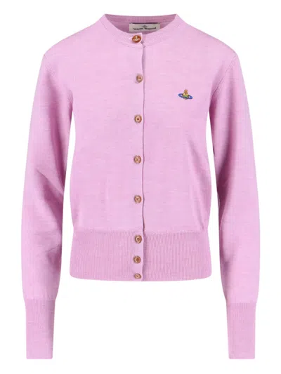 Vivienne Westwood Crewneck Merino Wool Cardigan With Embroidered Orb Logo In Pink