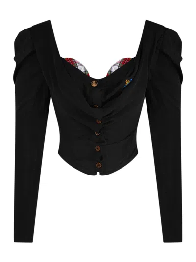 Vivienne Westwood Bea Checked Cotton-trimmed Embroidered Wool And Silk-blend Cardigan In Black