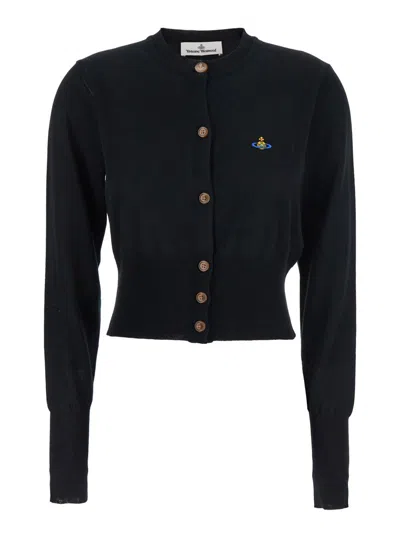 VIVIENNE WESTWOOD 'BEA' BLACK CROPPED CARDIGAN WITH ROUND NECK AND FRONT ORB EMBROIDERY IN COTTON WOMAN