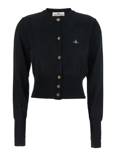 VIVIENNE WESTWOOD 'BEA' BLACK CROPPED CARDIGAN WITH ROUND NECK AND FRONT ORB EMBROIDERY