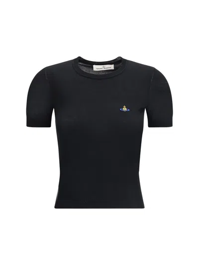 Vivienne Westwood Fitted Short Puff Sleeve Sweater With Embroidered Emblem In Black