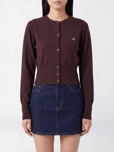 Vivienne Westwood Bea Slim Fit Cardigan With Contrast Orb Logo Embroidery In Brown