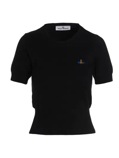Vivienne Westwood Fitted Short Puff Sleeve Sweater With Embroidered Emblem In Black