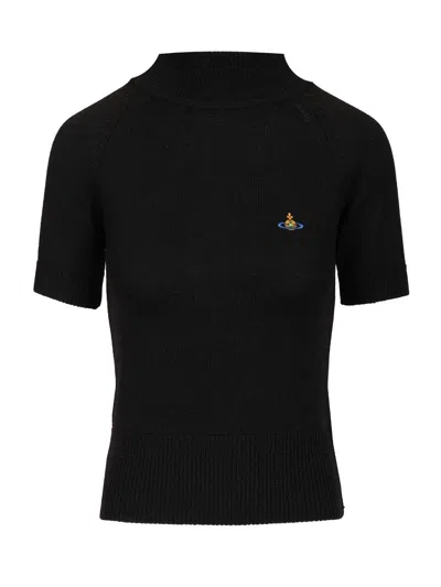Vivienne Westwood Fitted Short Puff Sleeve Sweater With Embroidered Emblem In Black