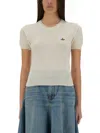 Vivienne Westwood 'bea' Cream White Cropped T-shirt With Orb Embroidery In Neutrals