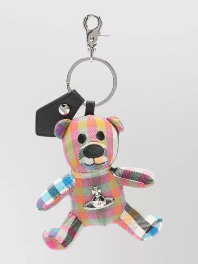 Vivienne Westwood Bear Shape Metal Keyring Checked Pattern In Brown