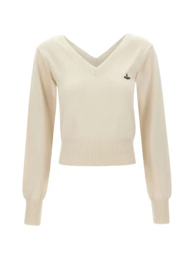 Vivienne Westwood Cropped Ribbed Knit Sweater With Deep V-neckline In White