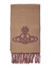 Vivienne Westwood Beige Scarf With Fringed Hem And Orb Embroidery On The Front In Wool Unisex In Brown