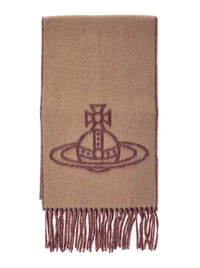 Vivienne Westwood Beige Scarf With Fringed Hem And Orb Embroidery On The Front In Wool Unisex In Sand