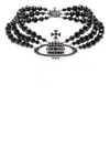 Vivienne Westwood Messaline Three Row Choker Silver Black Agate Gemstone Women In Platinum/ruthenium/black