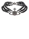Vivienne Westwood Messaline Three Row Choker Silver Black Agate Gemstone Women In Platinum/ruthenium/black
